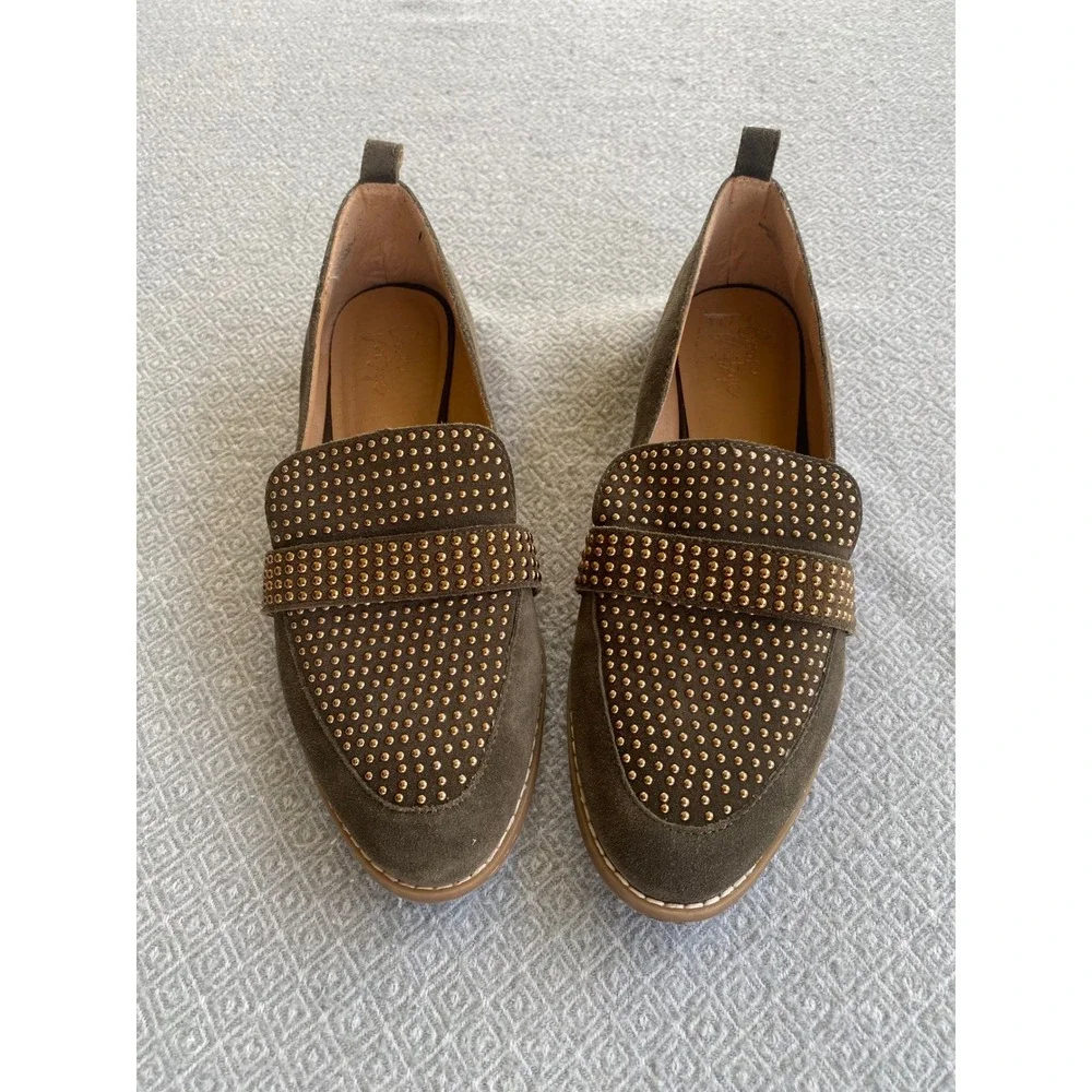 Crown Vintage Loafers Women 8.5 Olive Green Suede Gold‎ Studded Slip On Flats